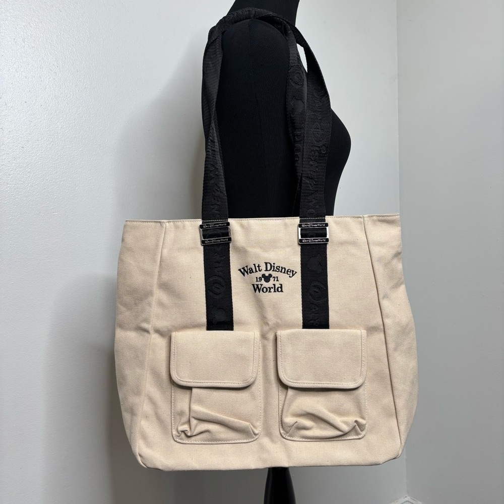 Walt Disney World Canvas Tote Bag Cream Black Front Pocket Shopper